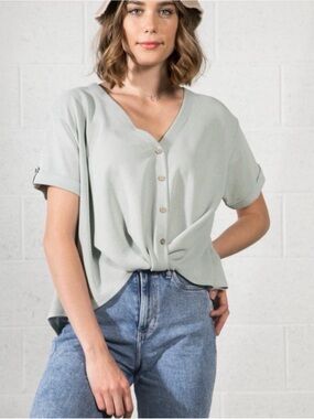 Light Sage Button-Front Knot Blouse